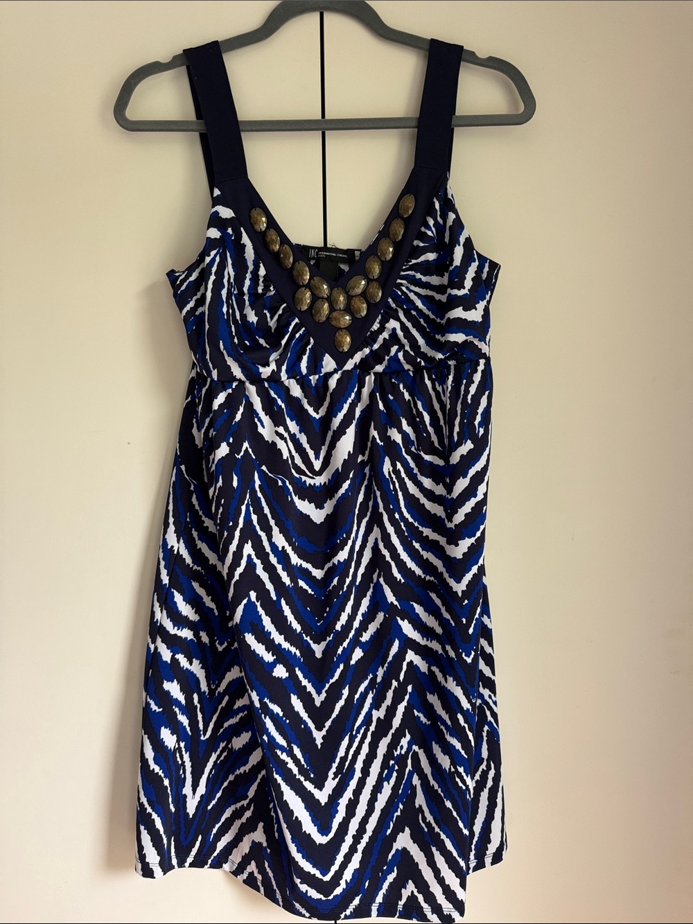 Sleeveless Blue Zebra Print Dress with Embellished Neckline
